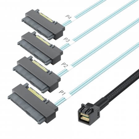 Internal Mini SAS HD (SFF-8643) to 4x SFF-8482 Hard Drive Cable，up to 12Gb/s per lane, with 15-pin Power cord, 0.5~1 Meter