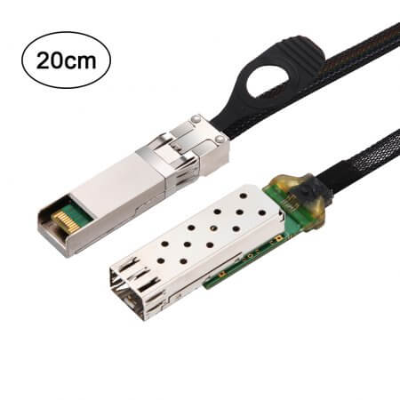 SFP+ to SFP+ cage, with 3M flat cable in nylon jacket, 20cm length 